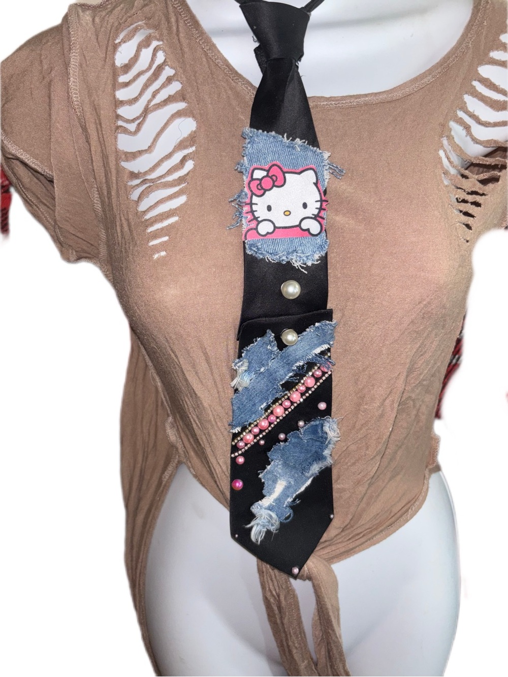 Hello Kitty Black Tie with Denim Patches & Pink Accents